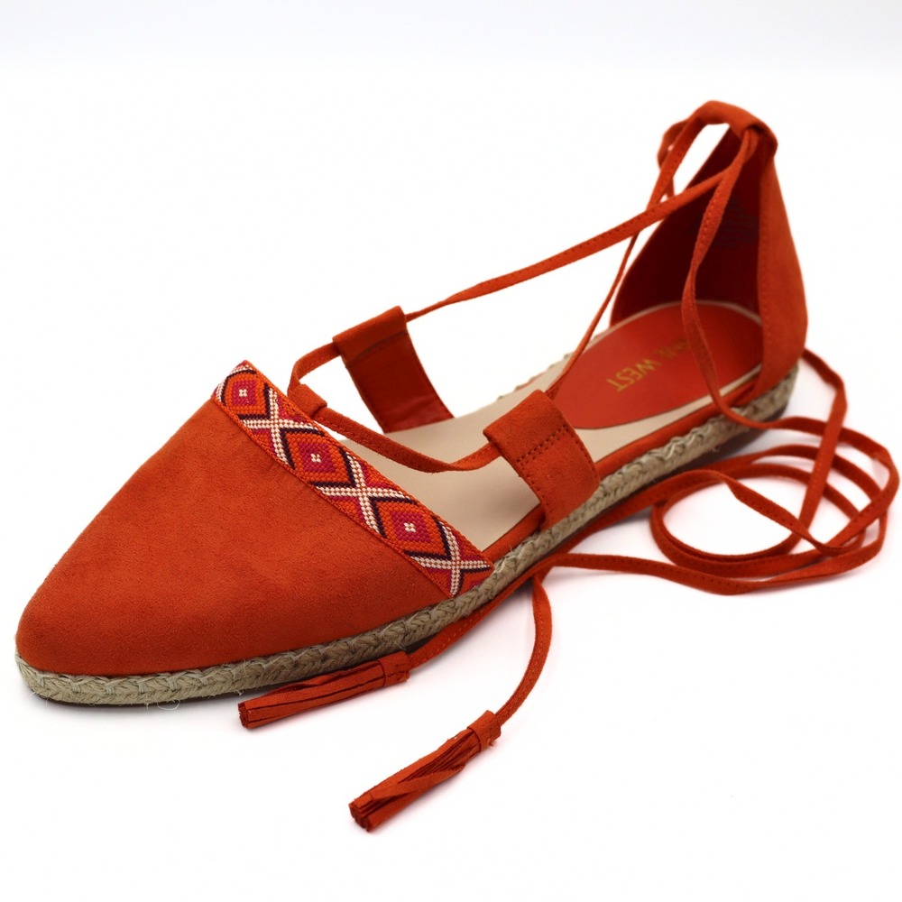 Nine West Espadrille Flats 9.5 Orange Boho Lace Up Tassel Summer Casual Shoes - Picture 3 of 13